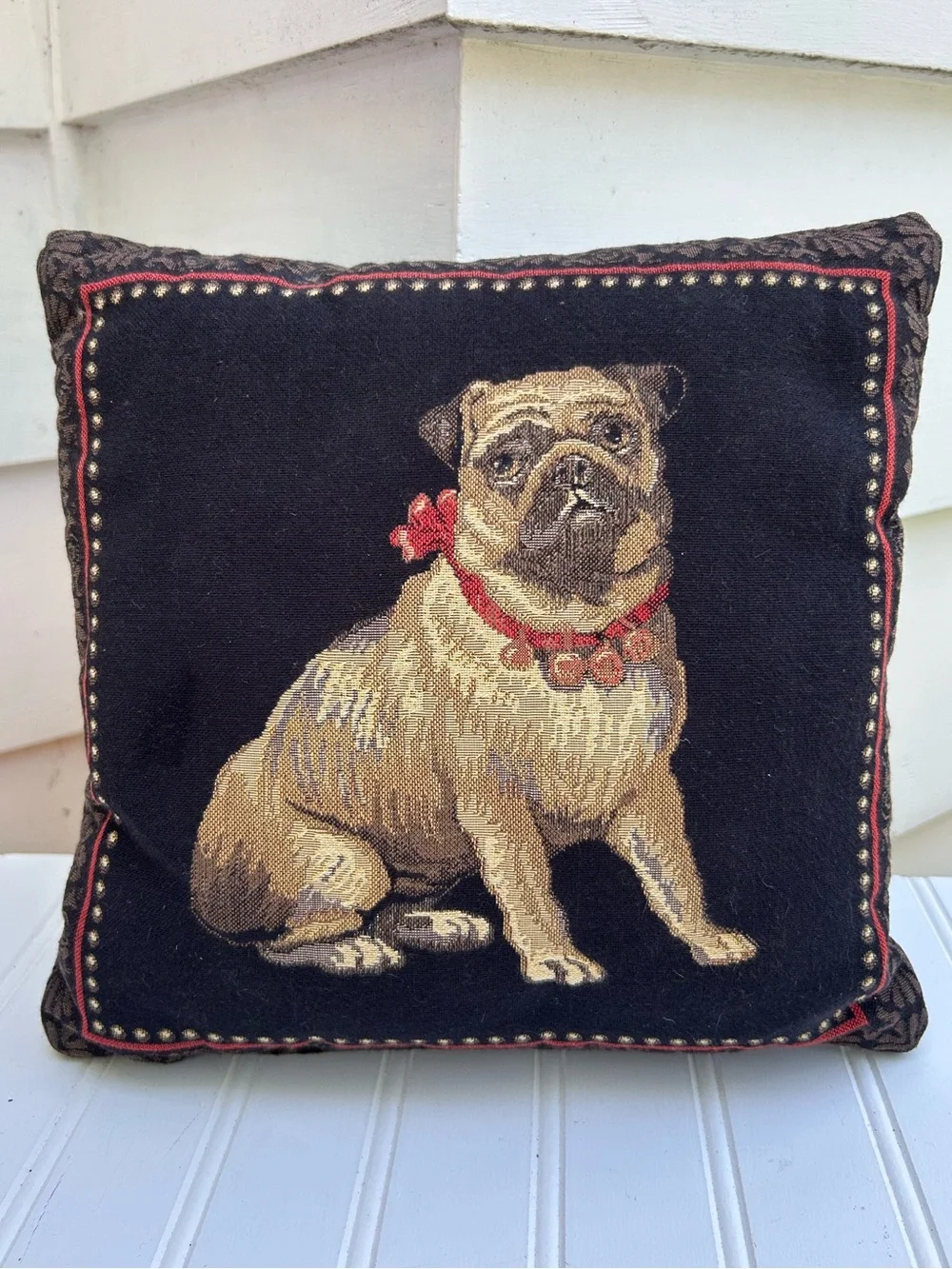 Vintage Pillow Tapestry Pug Dog Throw Black Tan Regal Double Sided Accent 11x11